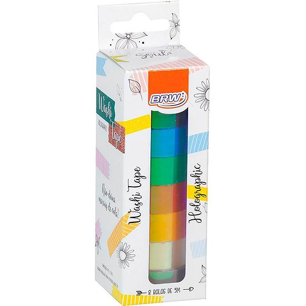 Fita Adesiva Decorada Washi Tape 15X5 Holographic BRW - Pacote com 8 Rolos
