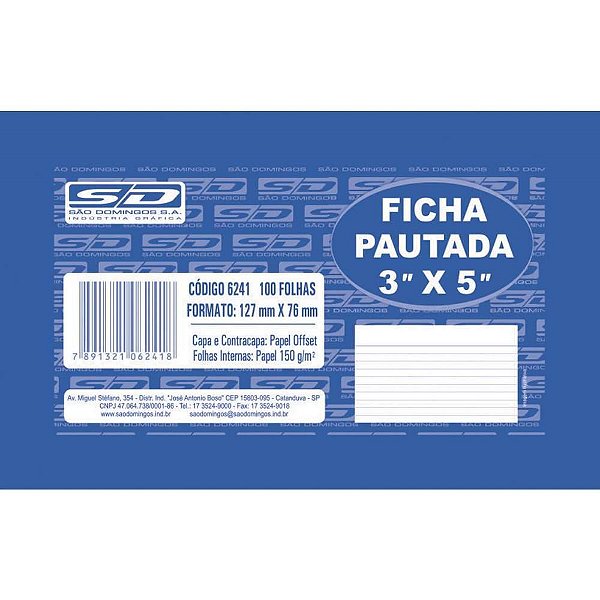 Ficha Pautada 3X5 7,5X12,4CM PCT/100