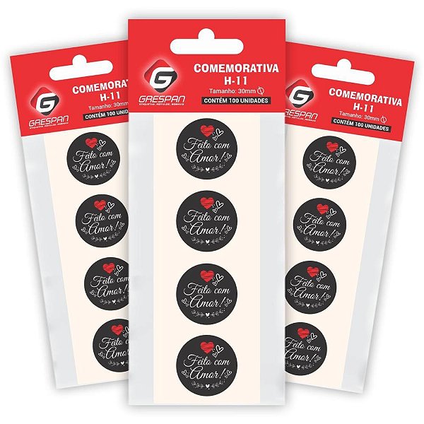 Etiqueta para Presente Feito com AMOR Preto Redondo – Pacote com 100 Unidades