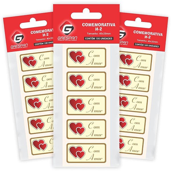 Etiqueta para Presente "COM AMOR" Retangular Vermelho - Caixa com 100