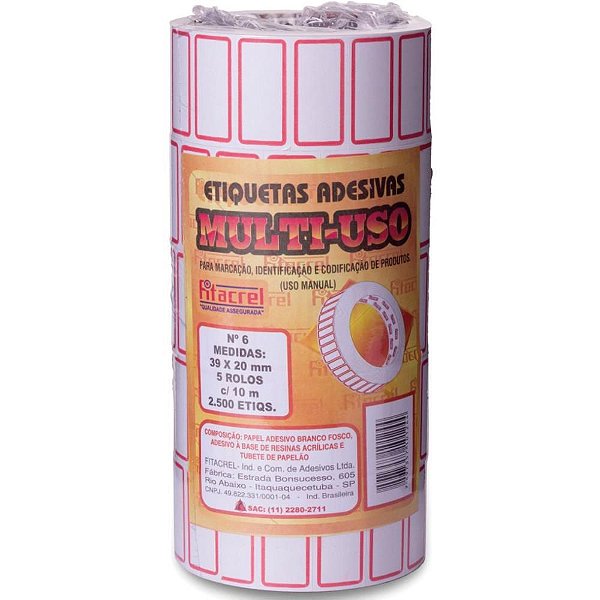 Etiqueta Adesiva Multiuso Nº6 39X20MM - Pacote com 5 Rolos (2.500 Unidades)