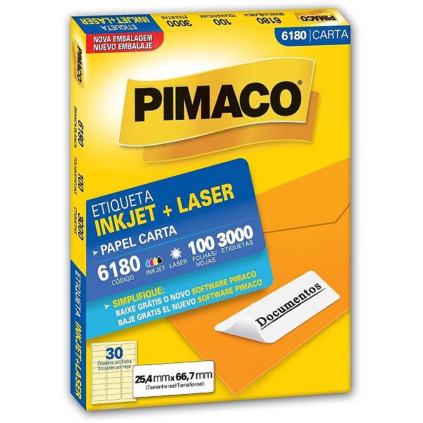 Etiqueta Carta 6180 100 Folhas 25,4 X 66,7 MM Caixa com 3000 - INKJET + Laser