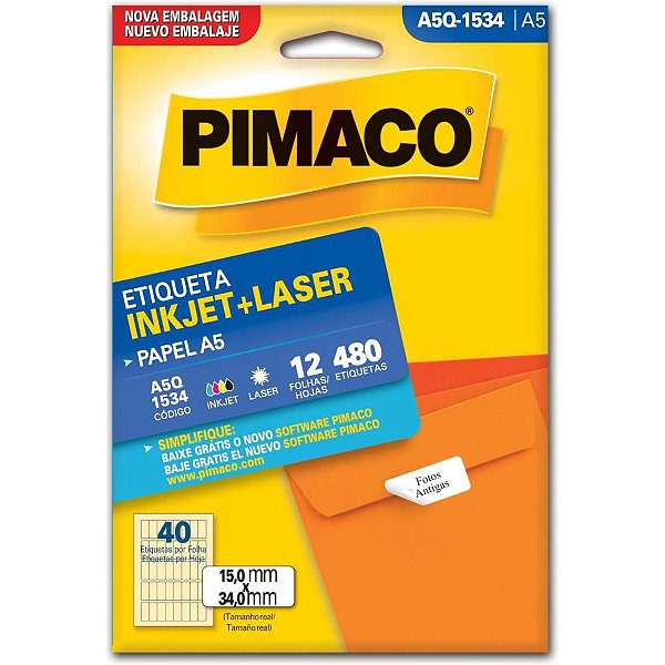 Etiqueta A5 A5Q-1534 12 Folhas 15X34MM 480 Unidades INKJET e Laser