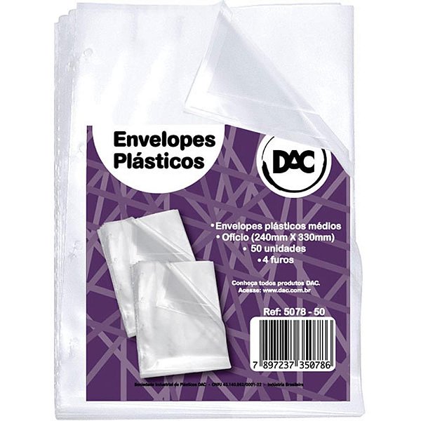 Envelope Plástico Ofício 4 Furos Médio 0,10MM – Pacote com 50 Unidades