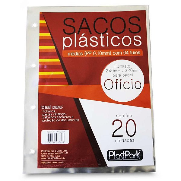 Envelope Plástico Ofício 4 Furos MED.PP.TR 0,10MM PCT com 20