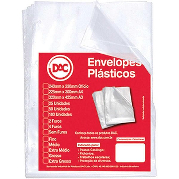Envelope Plástico Ofício 4 Furos Grosso 0,15MM PCT com 100