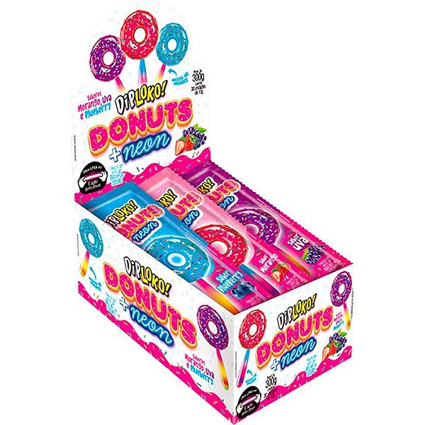 Doce DIP Loko Neon Donuts - Pirulito Que Brilha NO Escuro - Caixa com 30 Unidades