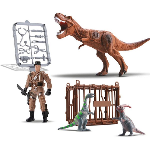 Dinossauro Dino com Som e Articulação + Boneco e Acessórios