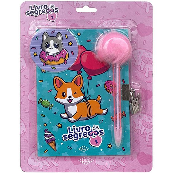 Diário PETS Livro de Segredos com Cadeado, Caneta Pompom e Adesivos