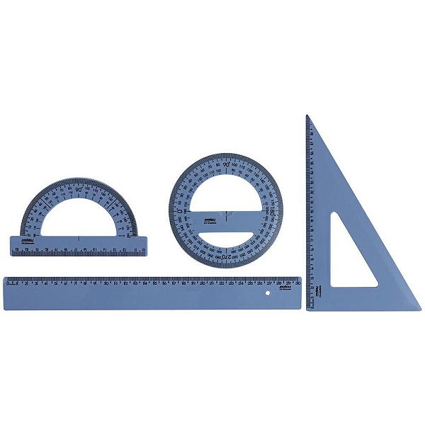 Conjunto para Desenho NEW Line Waleu - Régua 30CM + Esquadro 60° + Transferidor 180° + Transferidor 360° - Azul