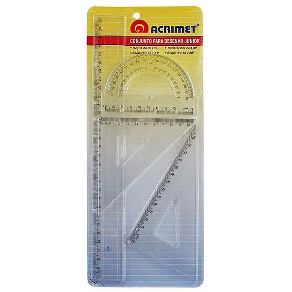 Conjunto para Desenho com Régua 30CM, Esquadro 30º X 60º, Esquadro 45º, Transferidor 180º - Certificado Inmetro