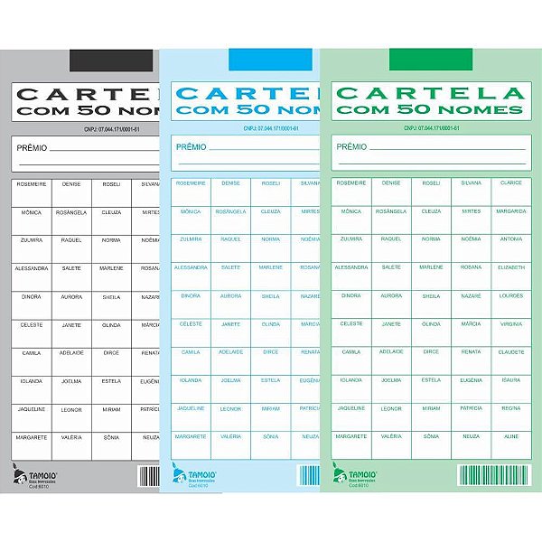 Cartela de Rifa com 50 Nomes Pacote com 50 Cartelas