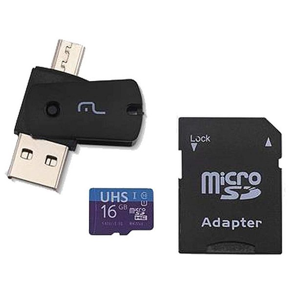 Cartão de Memória KIT 3 em 1 16GB Micro SD/OTG com Adaptadores USB e SD