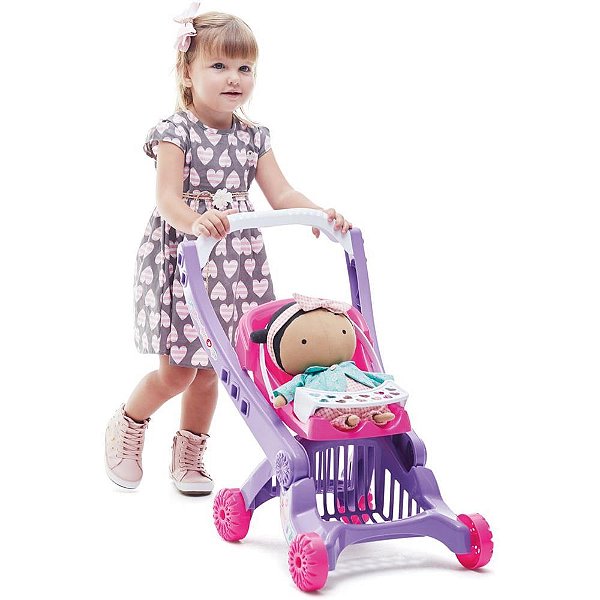 Carrinho de Boneca Bebaby 2 em 1 Rosa - com Bebê Conforto