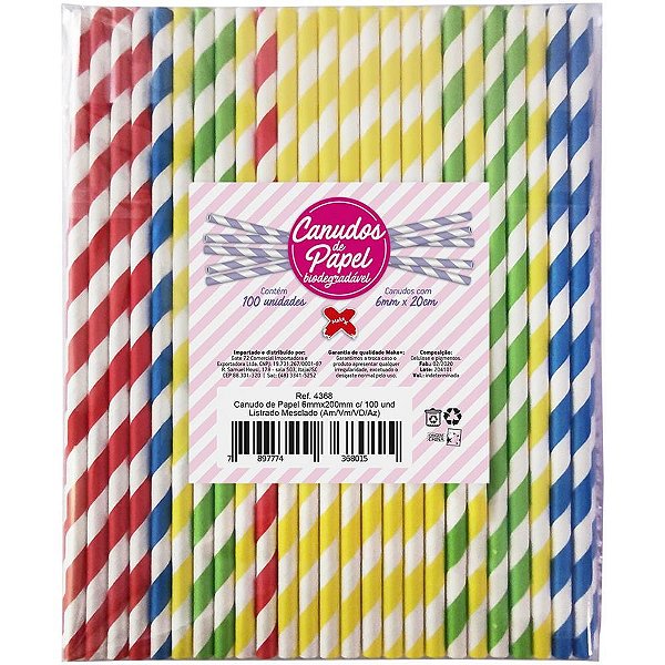 Canudo Biodegradável Papel Listrado MESC AM/VM/VD/AZ PCT com 100