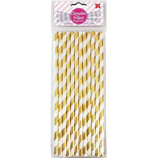 Canudo Biodegradável Papel Listrado Dourado 6X200MM com 12 Unidades Pacote com 10
