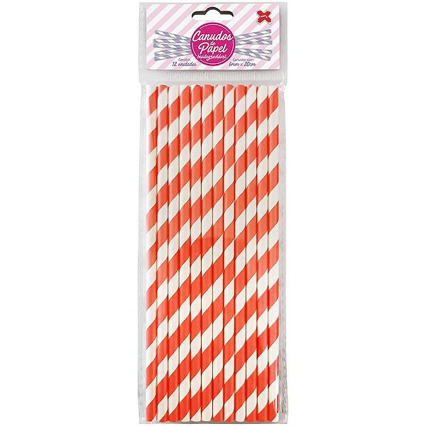 Canudo Biodegradável Papel Listra Vermelho 6X200MM com 12UN PCT com 10