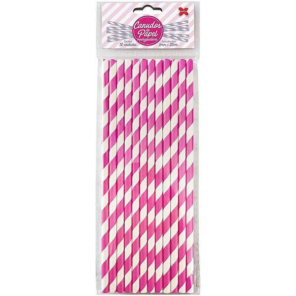 Canudo Biodegradável de Papel Listrado Rosa Claro 6X200MM com 12 Unidades - Pacote com 10