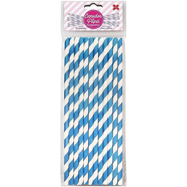 Canudo Biodegradável Papel Listra Azul Claro 6X20MM com 12 Unidades Pacote com 10