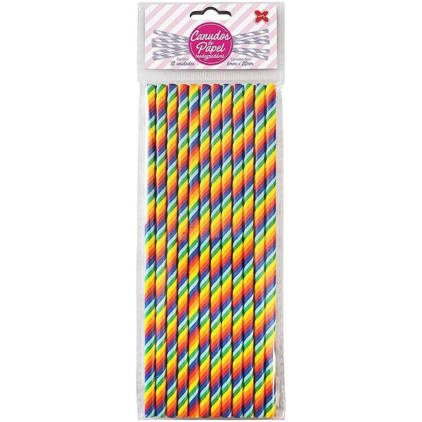 Canudo Biodegradável de Papel Listrado ARCO-ÍRIS 6X200MM - Pacote com 12 Unidades (pacote com 10)