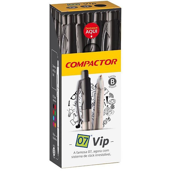 Caneta Retrátil 07 VIP Ponta Média Preta - Caixa com 12 Unidades