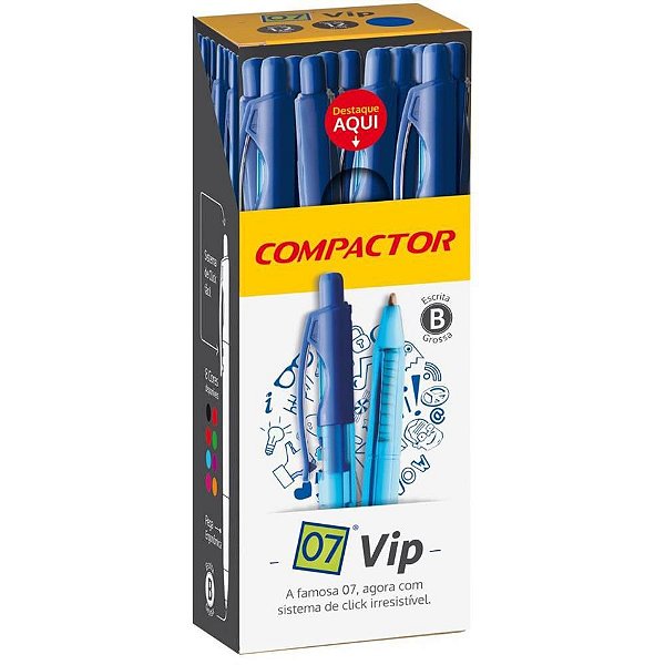 Caneta Retrátil 07 VIP Ponta Média AZ  CX com 12
