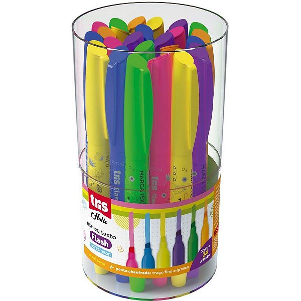 Caneta Marca Texto TRIS FLASH 6 Cores Neon - Pote com 24