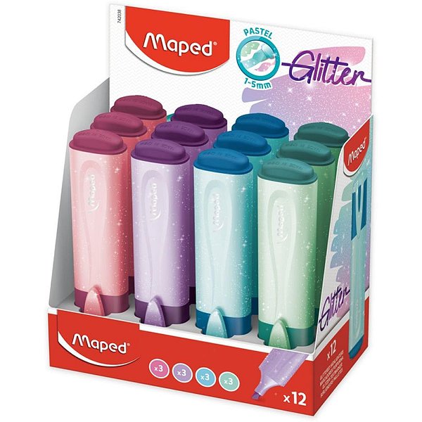 Caneta Marca Texto TONS Pastel com Glitter 4 Cores – Display com 12