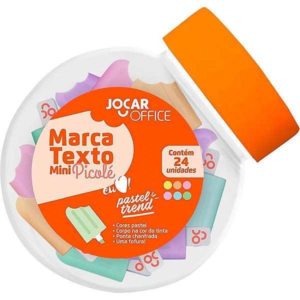 Caneta Marca Texto Jocar Office Mini Picolé 6 Cores Pastel Pote com 24