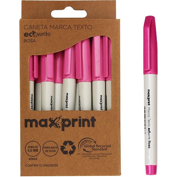 Caneta MARCA-TEXTO Ecowrite Rosa 4MM Maxprint - Caixa com 12 Unidades