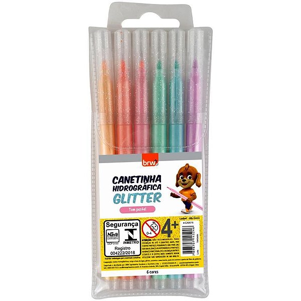 Caneta Hidrográfica Glíter 6CORES Pastel CX com 12
