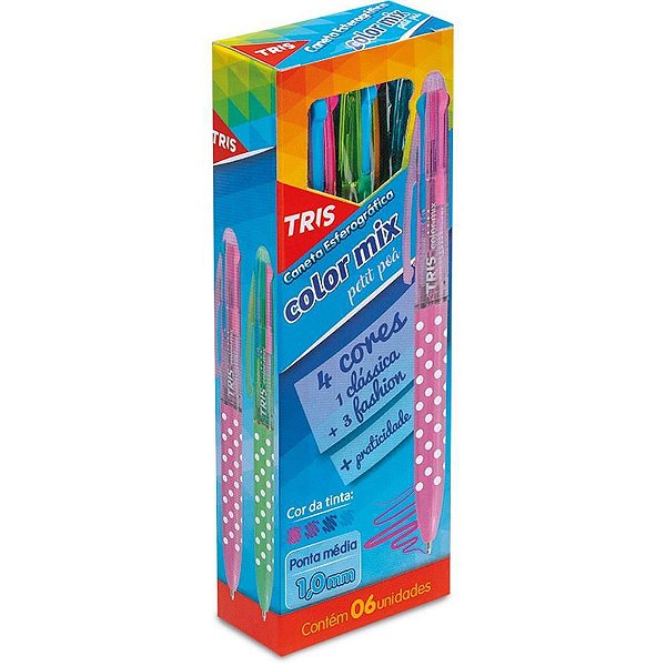 Caneta Esferográfica TRIS Color MIX Poá 1.0MM 4 Cores - Caixa com 6