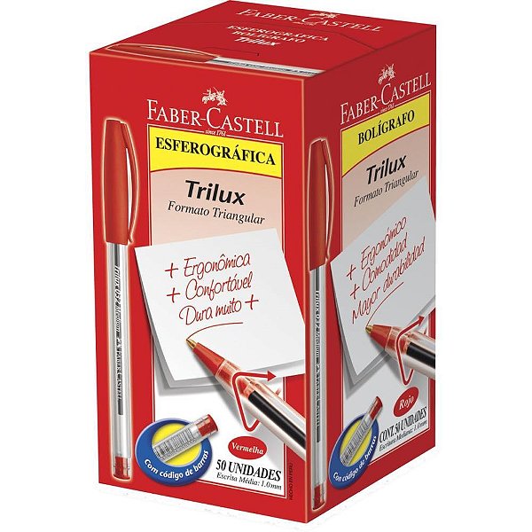 Caneta Esferográfica Trilux Ponta Média Vermelha - Caixa com 50