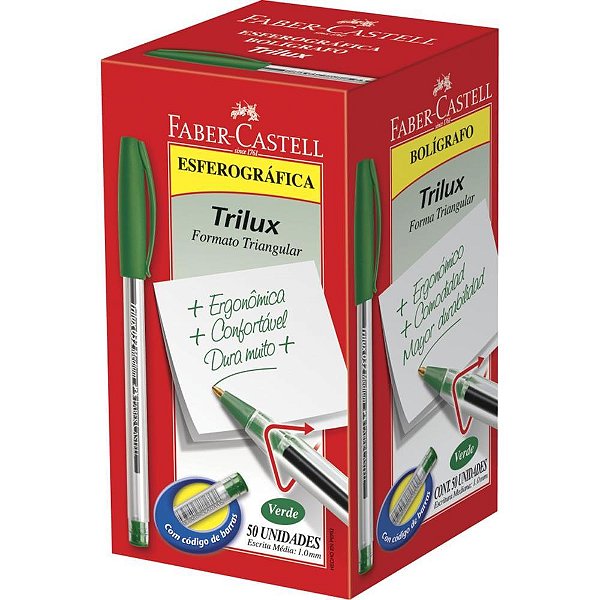 Caneta Esferográfica Trilux Ponta Média Verde - Caixa com 50 Unidades