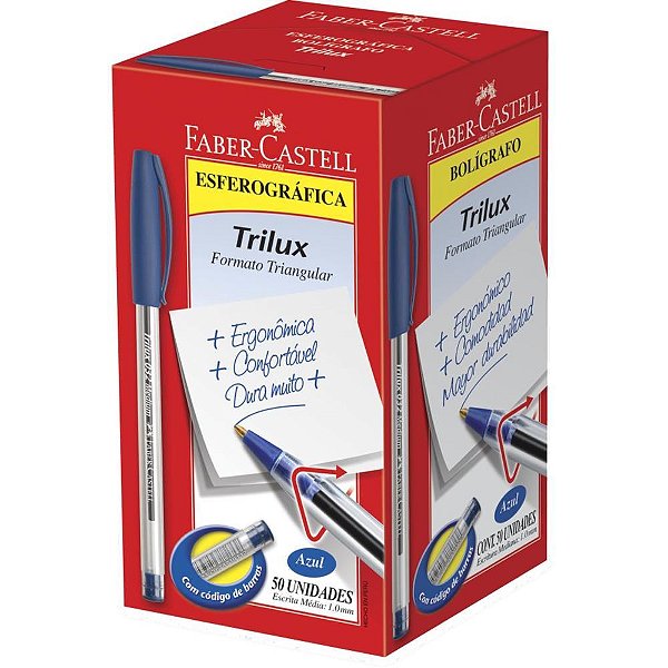 Caneta Esferográfica Trilux Ponta Média Azul - Caixa com 50 Unidades