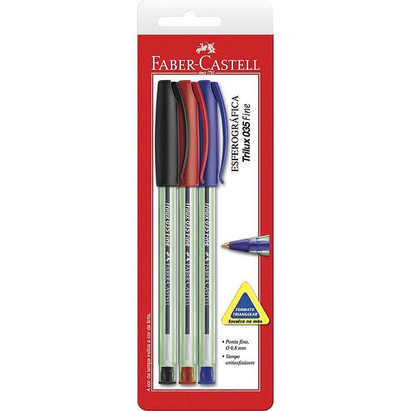 Caneta Esferográfica Trilux Ponta Fina PT/VM/AZ Blister com 03