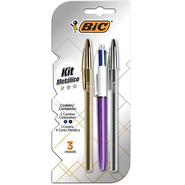 Caneta Esferográfica KIT Premium Metálico com 3 Unidades - Prata e Dourada