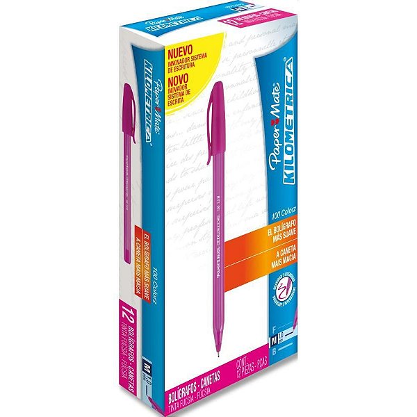 Caneta Esferográfica Paper Mate Kilométrica 100 Colorz Rosa - Pacote com 12