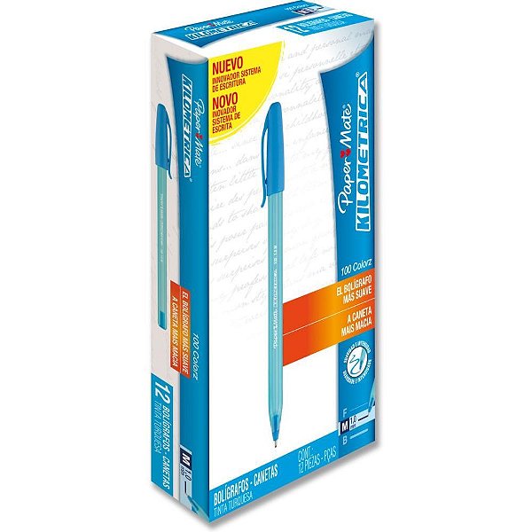 Caneta Esferográfica Paper Mate Kilométrica 100 Colorz Azul Claro - Pacote com 12 Unidades