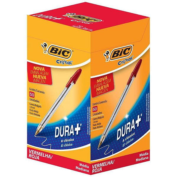 Caneta Esferográfica BIC Cristal Dura+ Vermelha - Caixa com 50 Unidades