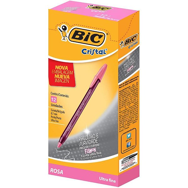Caneta Esferográfica BIC Cristal Fashion Fine Rosa - Caixa com 12