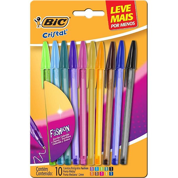 Caneta Esferográfica Cristal Fashion Dura+ Ponta 1.0MM Blister com 10 Cores Sortidas
