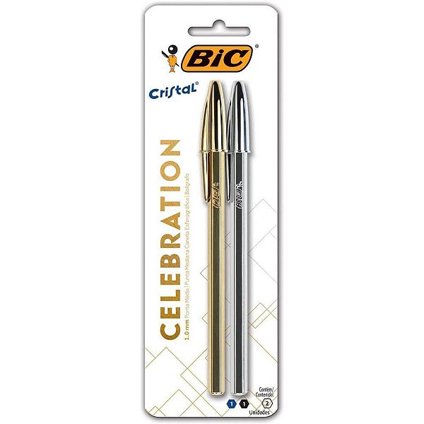 Caneta Esferográfica Cristal Celebration Prata e Dourada Blister com 2