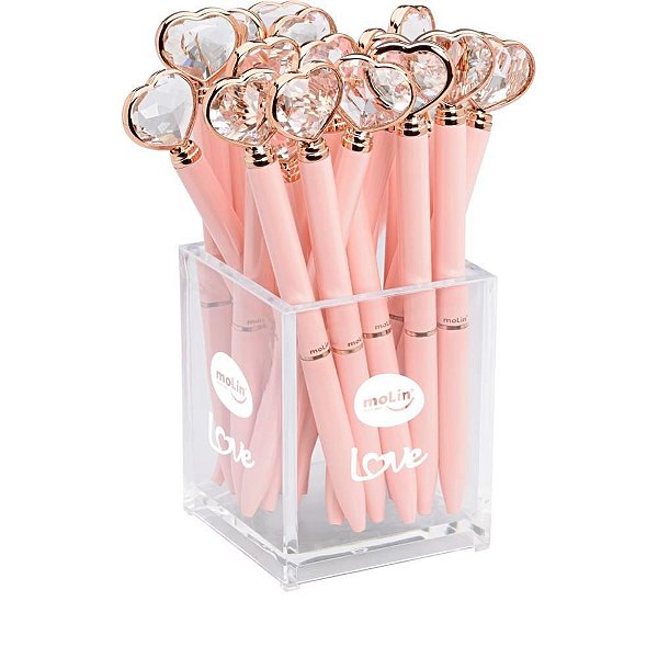 Caneta Esferográfica Coração Diamante Rosa - Pote com 20 Unidades