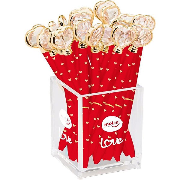 Caneta Esferográfica Coração Diamante RED Pote com 20
