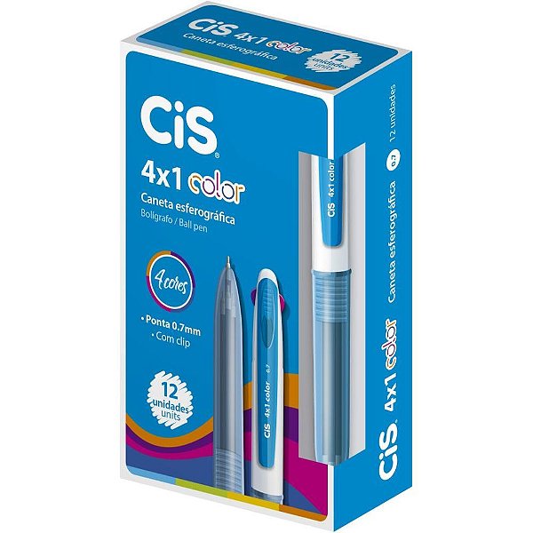 Caneta Esferográfica CIS 4X1 0.7MM Azul Claro, Roxa, Laranja, Rosa CX com 12