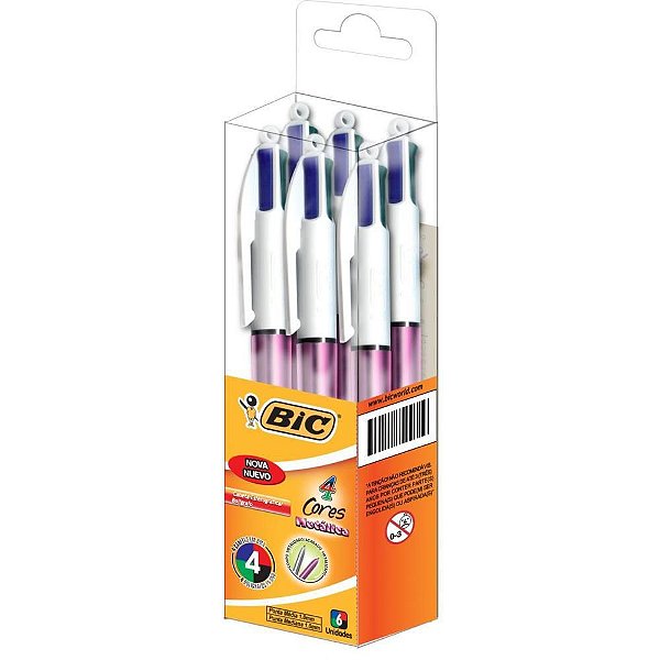 Caneta Esferográfica BIC 4 Cores Metallic Corpo RS - Caixa com 6 Unidades