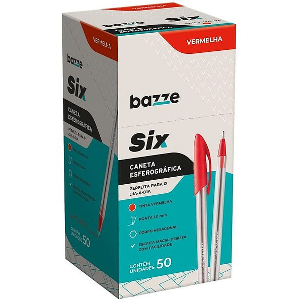 Caneta Esferográfica Bazze SIX 10MM Vermelho CX com 50