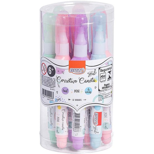 Caneta Corretiva Soul Mini 4ML com 4 Cores Sortidas – Pote com 12 Unidades