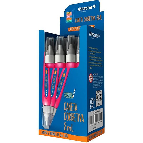 Caneta Corretiva Mercur 8ML com Ponta Metálica Rosa Caixa com 12